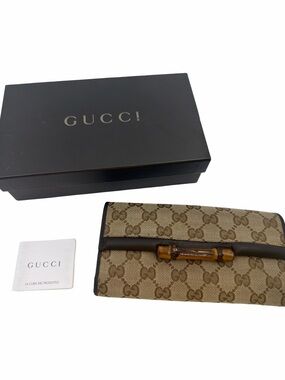 Gucci Beige Brown GG Canvas Bamboo Continental Wallet